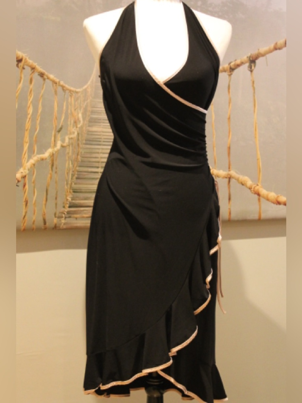 Black Halter Wrap Midi Dress with Contrast Trim